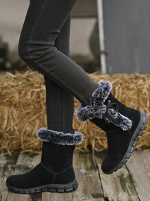 側邊系帶仿麂皮加絨內裏雪地靴 - 黑色 - 查看 5