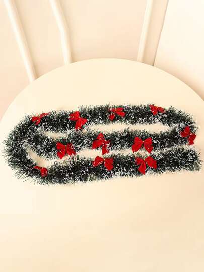 Guirnalda navideña de 2m con rayas verdes oscuras y blancas, set con 12 piezas de adornos de árbol con moños rojos, suministros de decoración para el hogar, fiesta, restaurante y escaleras, ideal para el Día de San Valentín, regalo