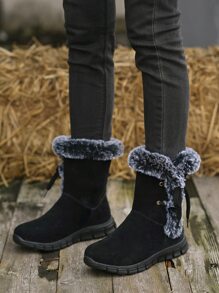 側邊系帶仿麂皮加絨內裏雪地靴 - 黑色 - 查看 6