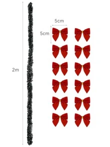 2m Dark Green & White Striped Garland Set With 12pcs Red Bow Tree Ornament, Holiday Home Party Restaurant Staircase Decor Supplies, Valentine Day, Gift Home Decor Christmas Decorations Room Decor Christmas