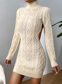 SHEIN BAE Turtleneck Backless Cable Knit Bodycon Jumper Dress - Apricot - View 2
