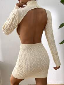 SHEIN BAE Turtleneck Backless Cable Knit Bodycon Jumper Dress - Apricot - View 3