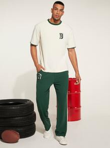 Manfinity Hombres Camiseta ringer con estampado de letra con pantalones - Multicolor - Ver 2