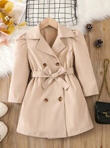 小女童泡泡袖雙排釦腰帶風衣外套