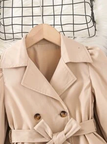 小女童泡泡袖雙排釦腰帶風衣外套