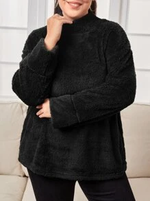 SHEIN LUNE Pullover teddy de cuello alto de hombros caídos - Negro - Ver 1