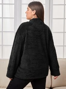 SHEIN LUNE Pullover teddy de cuello alto de hombros caídos - Negro - Ver 2