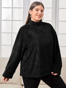 SHEIN LUNE Pullover teddy de cuello alto de hombros caídos - Negro - Ver 3