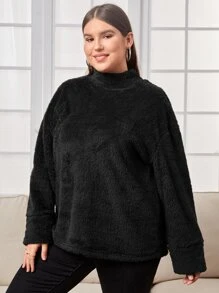 SHEIN LUNE Pullover teddy de cuello alto de hombros caídos - Negro - Ver 4