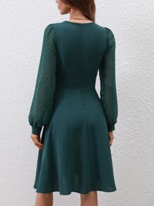 SHEIN LUNE Swiss Dot Surplice Neck Lantern Sleeve Dress - Dark Green - View 2