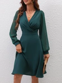 SHEIN LUNE Swiss Dot Surplice Neck Lantern Sleeve Dress - Dark Green - View 4