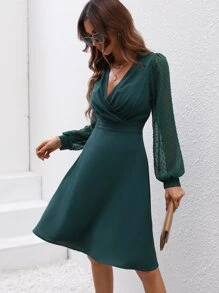 SHEIN LUNE Swiss Dot Surplice Neck Lantern Sleeve Dress - Dark Green - View 5