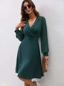 SHEIN LUNE Swiss Dot Surplice Neck Lantern Sleeve Dress - Dark Green - View 6