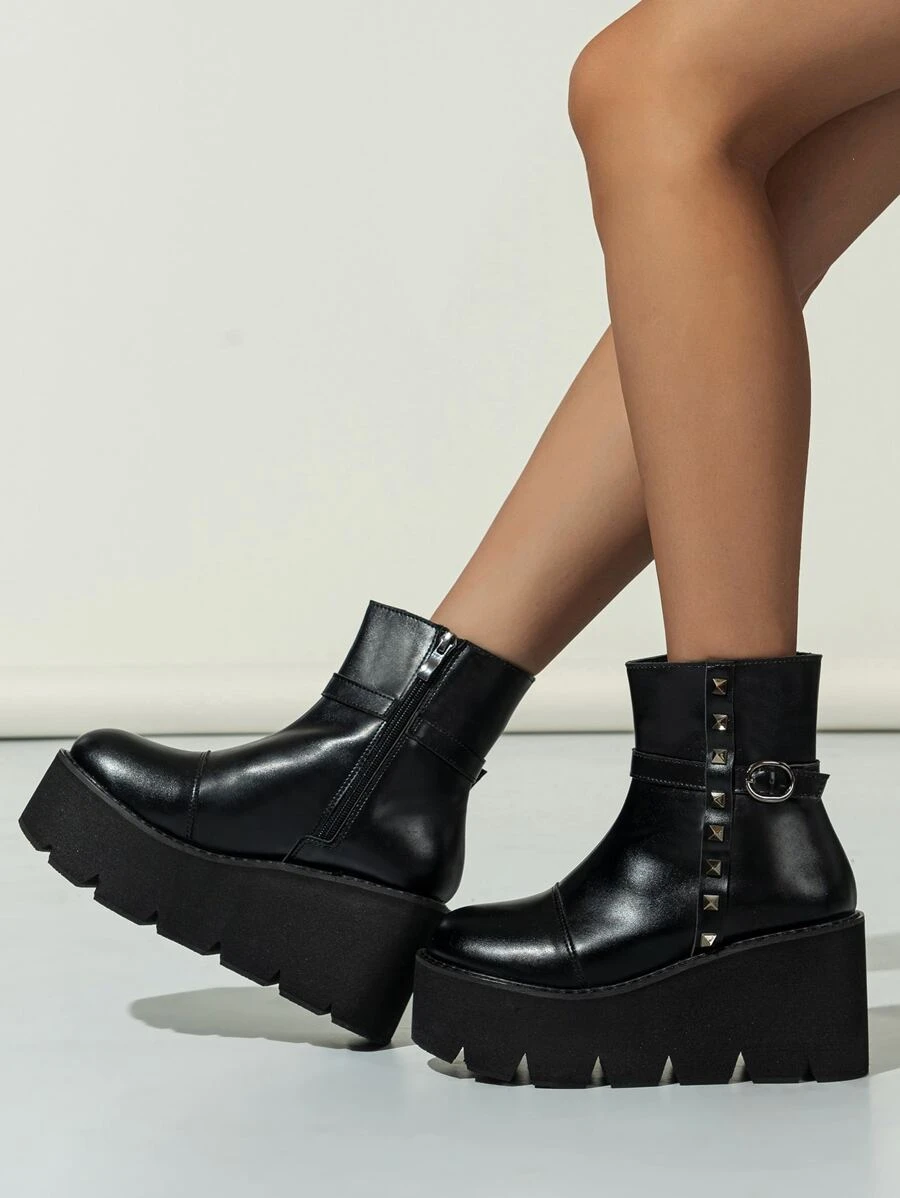 Studded & Buckle Decor Zip Side Wedge Boots - Black - View 1