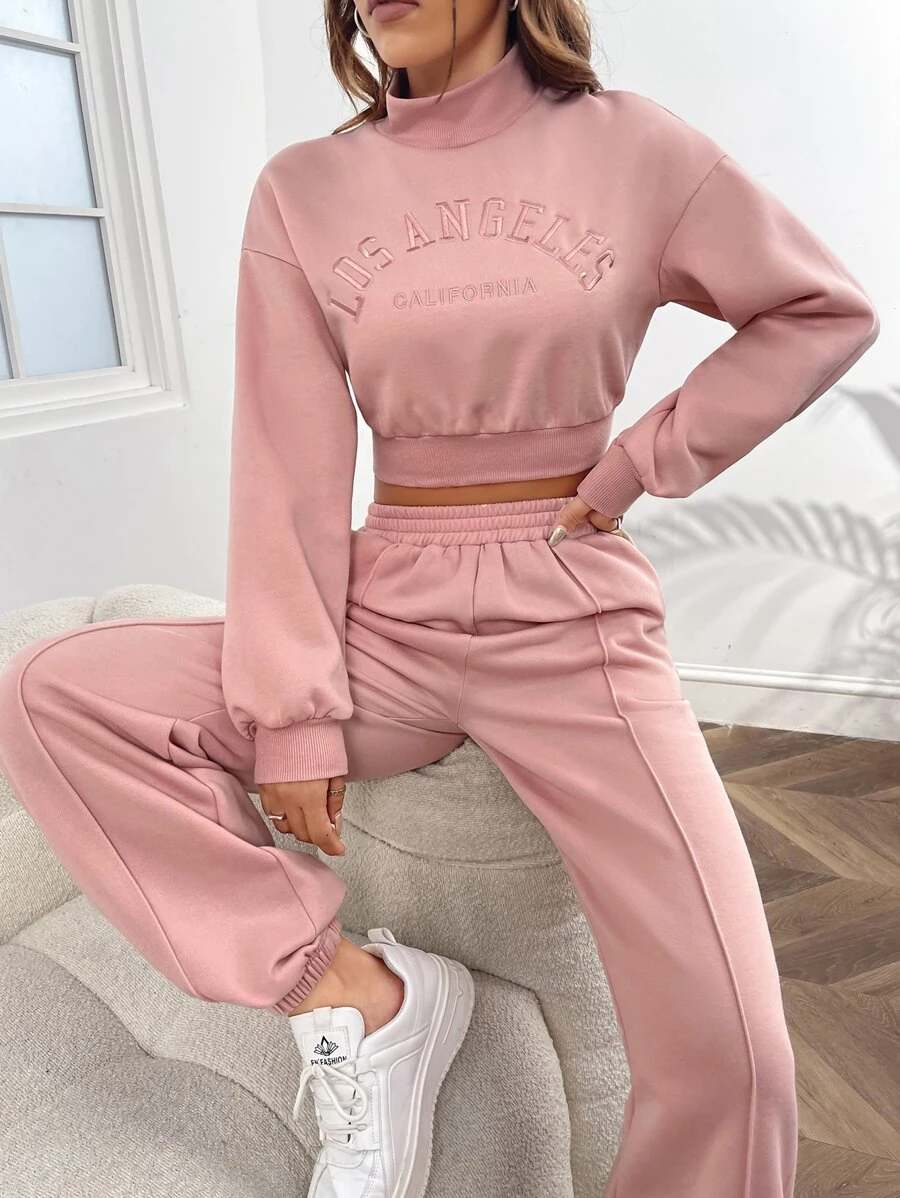 SHEIN EZwear Bộ đồ hai mảnh nữ Túi Thêu Lá thư Giải trí - Bụi hồng - Xem 1
