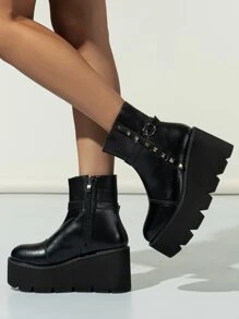 Studded & Buckle Decor Zip Side Wedge Boots - Black - View 2