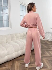 SHEIN EZwear Bộ đồ hai mảnh nữ Túi Thêu Lá thư Giải trí - Bụi hồng - Xem 2