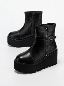 Studded & Buckle Decor Zip Side Wedge Boots - Black - View 3