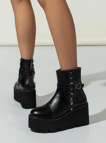 Studded & Buckle Decor Zip Side Wedge Boots - Black - View 5