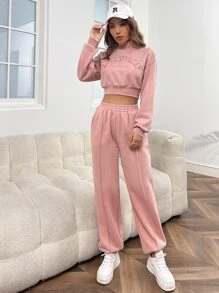 SHEIN EZwear Bộ đồ hai mảnh nữ Túi Thêu Lá thư Giải trí - Bụi hồng - Xem 3