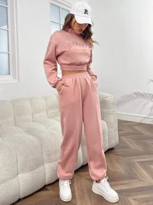 SHEIN EZwear Bộ đồ hai mảnh nữ Túi Thêu Lá thư Giải trí - Bụi hồng - Xem 4