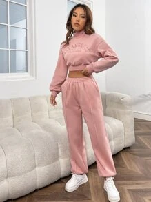SHEIN EZwear Bộ đồ hai mảnh nữ Túi Thêu Lá thư Giải trí - Bụi hồng - Xem 5