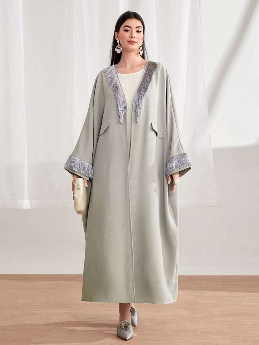 Al Najma Fringe Trim Batwing Sleeve Open Front Abaya - Light Grey - View 1