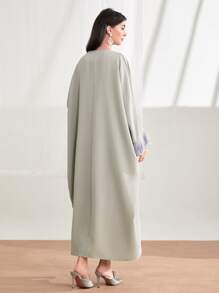 Al Najma Fringe Trim Batwing Sleeve Open Front Abaya - Light Grey - View 2