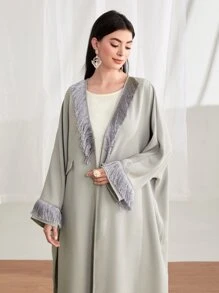 Al Najma Fringe Trim Batwing Sleeve Open Front Abaya - Light Grey - View 4