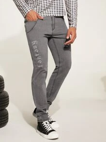 Manfinity Men Letter Graphic Slant Pocket Jeans - Grey - View 1