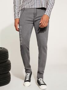 Manfinity Men Letter Graphic Slant Pocket Jeans - Grey - View 3