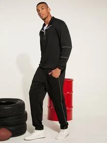 Manfinity RelaxMax Men Letter Embroidery Half Zip Sweatshirt & Joggers - Black - View 6