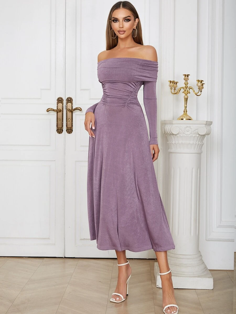 Vestido de hombros descubiertos de cintura con fruncido - Morado - Ver 1