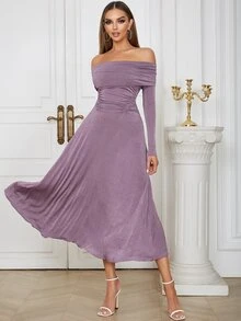 Vestido de hombros descubiertos de cintura con fruncido - Morado - Ver 3