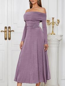 Vestido de hombros descubiertos de cintura con fruncido - Morado - Ver 4