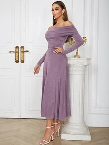 Vestido de hombros descubiertos de cintura con fruncido - Morado - Ver 5