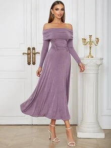Vestido de hombros descubiertos de cintura con fruncido - Morado - Ver 6