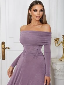 Vestido de hombros descubiertos de cintura con fruncido - Morado - Ver 7