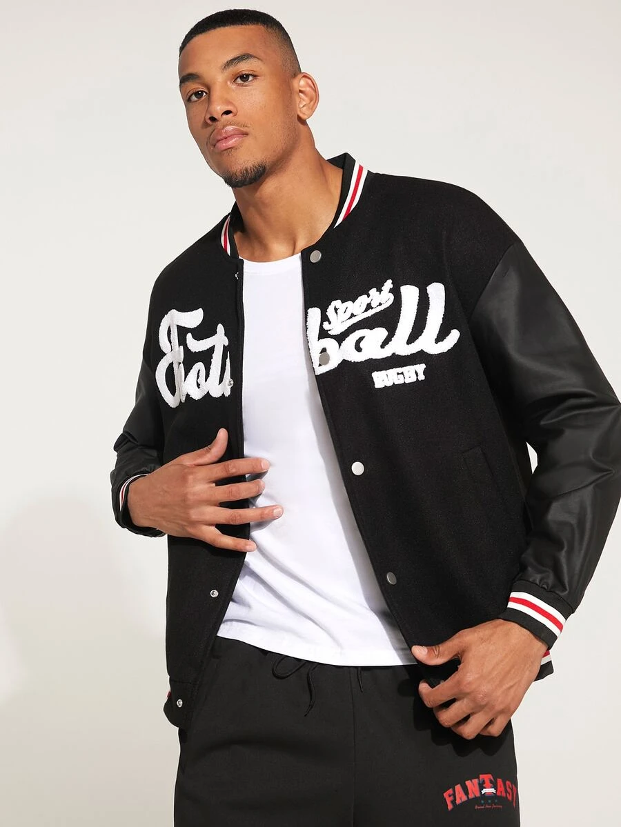 Manfinity Hypemode Men Letter Graphic Striped Trim Drop Shoulder Bomber Jacket - Black - View 1