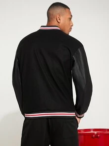 Manfinity Hypemode Men Letter Graphic Striped Trim Drop Shoulder Bomber Jacket - Black - View 2