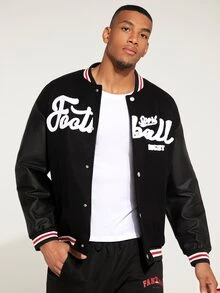 Manfinity Hypemode Men Letter Graphic Striped Trim Drop Shoulder Bomber Jacket - Black - View 4