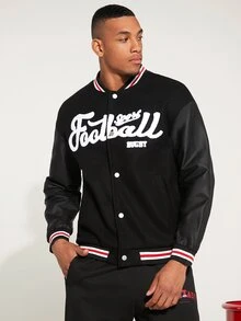 Manfinity Hypemode Men Letter Graphic Striped Trim Drop Shoulder Bomber Jacket - Black - View 5