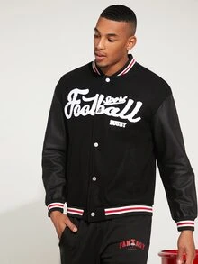 Manfinity Hypemode Men Letter Graphic Striped Trim Drop Shoulder Bomber Jacket - Black - View 6