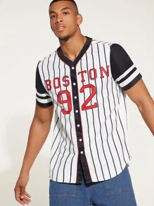 Aesthetic Post Men Vertical Striped & Letter Graphic Contrast Trim Shirt - White - View 1