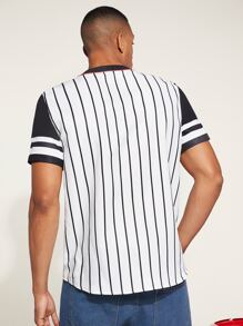 Aesthetic Post Men Vertical Striped & Letter Graphic Contrast Trim Shirt - White - View 2