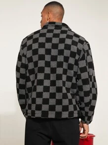Manfinity Homme Men Checker Print Drop Shoulder Teddy Coat - Multicolor - View 3