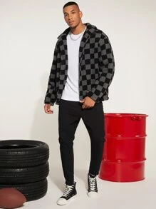 Manfinity Homme Men Checker Print Drop Shoulder Teddy Coat - Multicolor - View 4