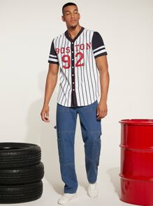 Aesthetic Post Men Vertical Striped & Letter Graphic Contrast Trim Shirt - White - View 4