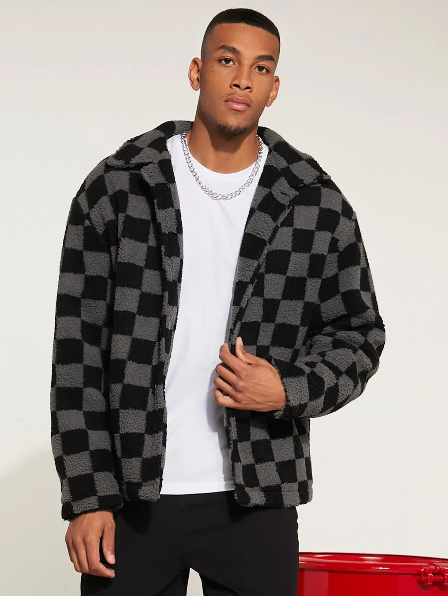 Manfinity Homme Men Checker Print Drop Shoulder Teddy Coat - Multicolor - View 1