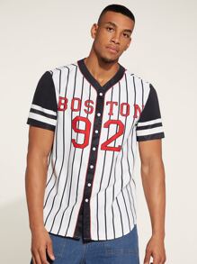 Aesthetic Post Men Vertical Striped & Letter Graphic Contrast Trim Shirt - White - View 6